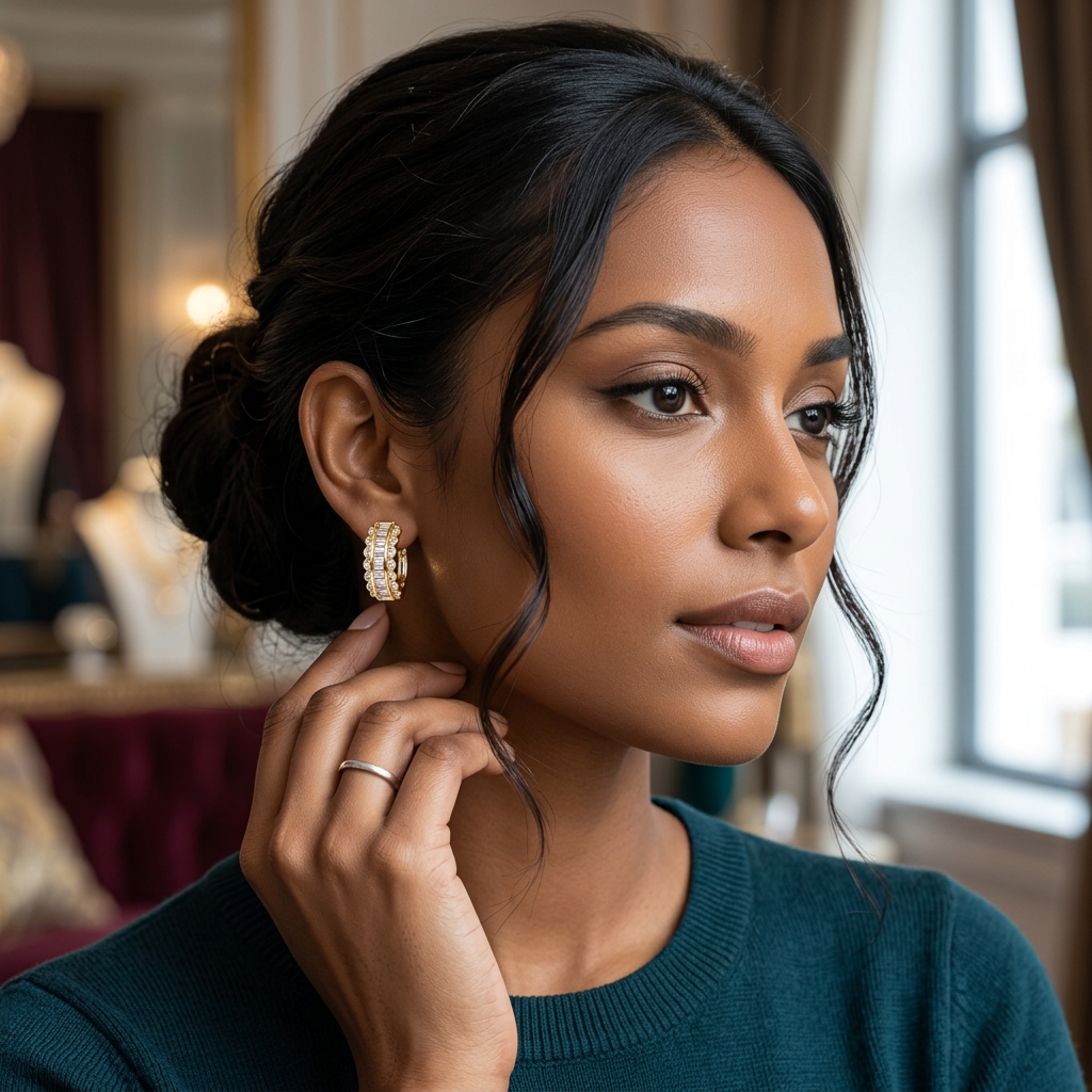 Premium Baguette CZ Half Hoop Stud Earrings – Gold Finish-American Diamond