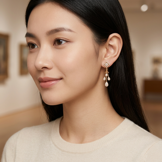 Gold-Plated CZ Floral Drop Earrings – Elegant Hanging Design