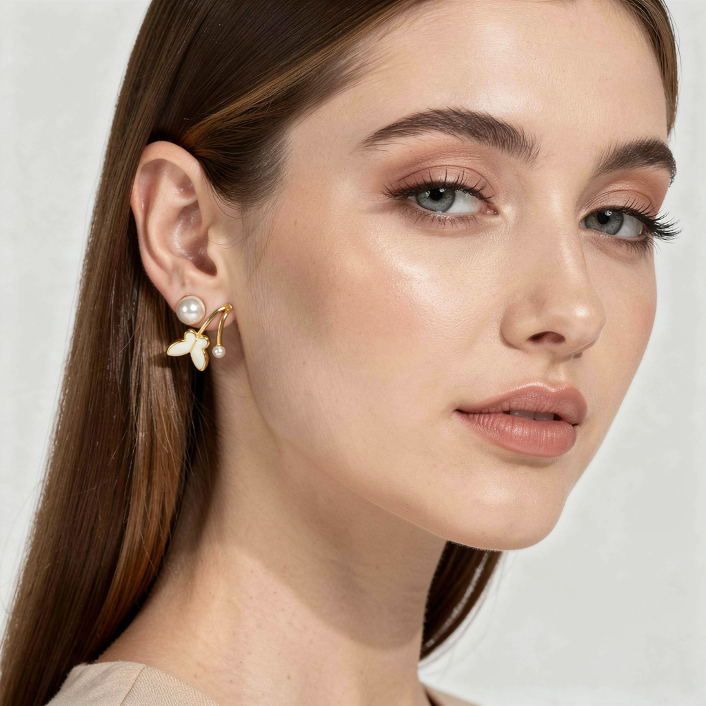 Gold-Plated Butterfly Pearl Drop Earrings – Elegant Minimal Statement