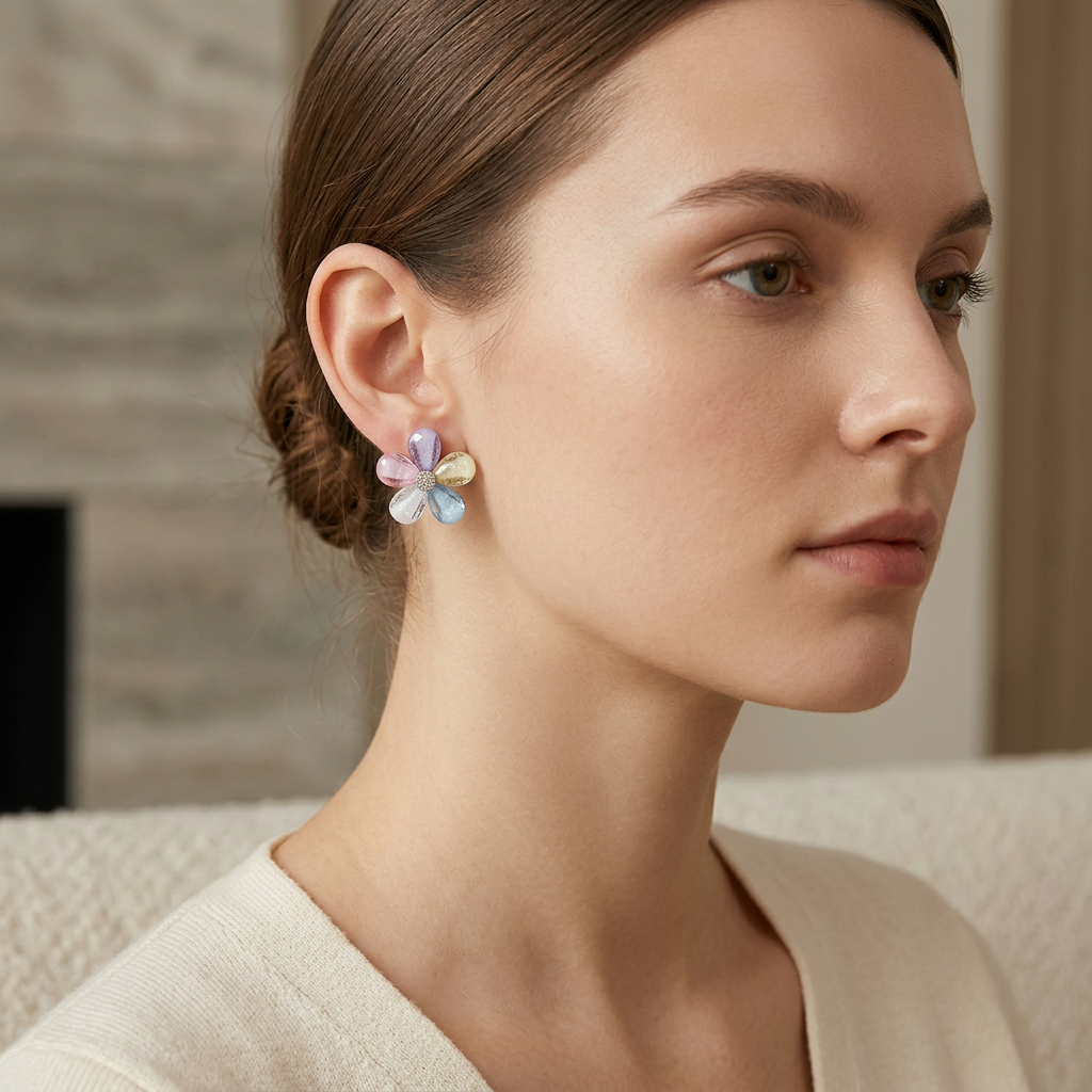 Pastel Gloss Floral Earrings with Crystal Center Detail