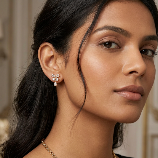 Elegant CZ Floral Drop Earrings with Teardrop Dangle-American Diamond