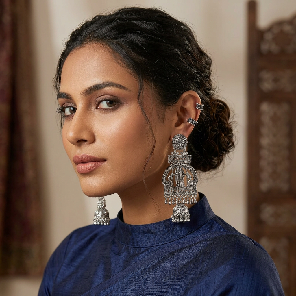 Oxidised Silver Peacock & Radha Krishna Jhumka Statement Earrings- Stainless Steel