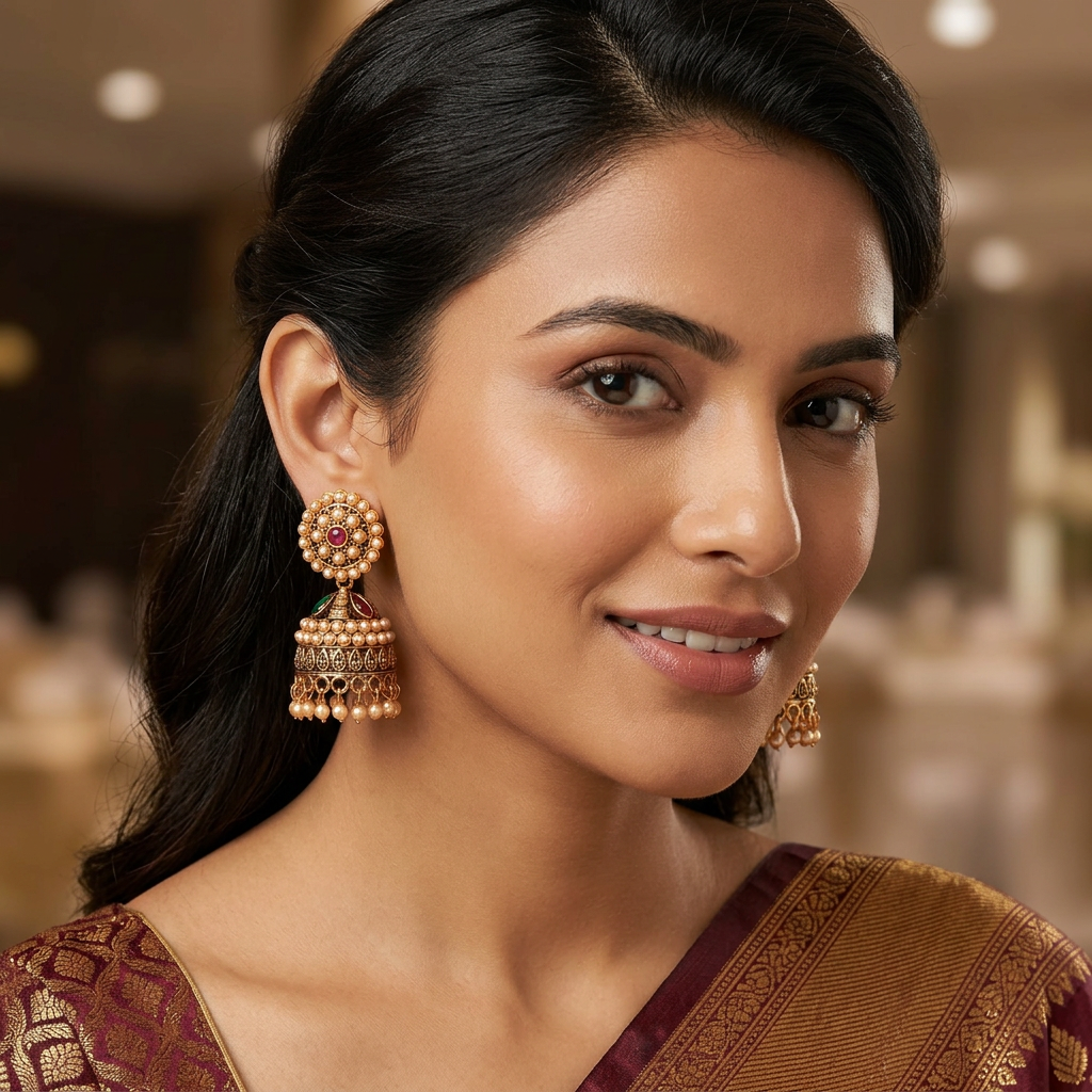 Antique Gold Pearl Studded Jhumka Earrings with Ruby & Green Stone Detailing