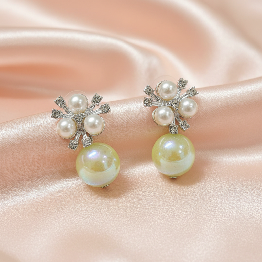Pearl & Crystal Drop Earrings – Iridescent Ball Statement Designer Earrings