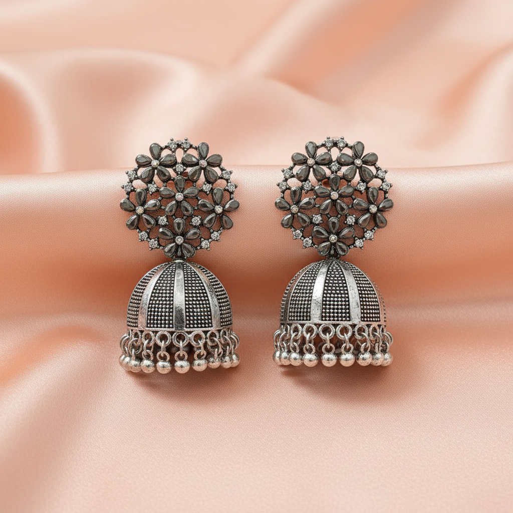 Oxidized Silver Floral Statement Jhumka Earrings with Stone Work-Stainless steel