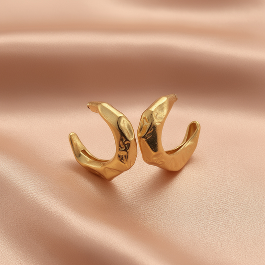 Gold Textured Hoop Earrings – Minimal Chunky Half Hoops- Stainless Steel