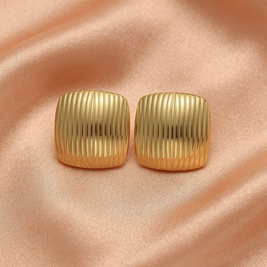 Gold Ribbed Statement Bold Stud Earrings – Stainless Steel