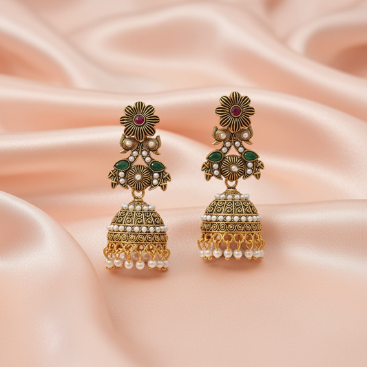 Royal Antique Gold Floral Jhumka Earrings with Pearl & Kundan Detailing-Stainless steel