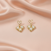 Gold Heart Drop Earrings with Pearl-Studded Crystal Squares