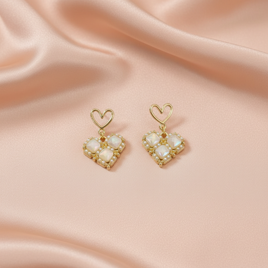 Gold Heart Drop Earrings with Pearl-Studded Crystal Squares