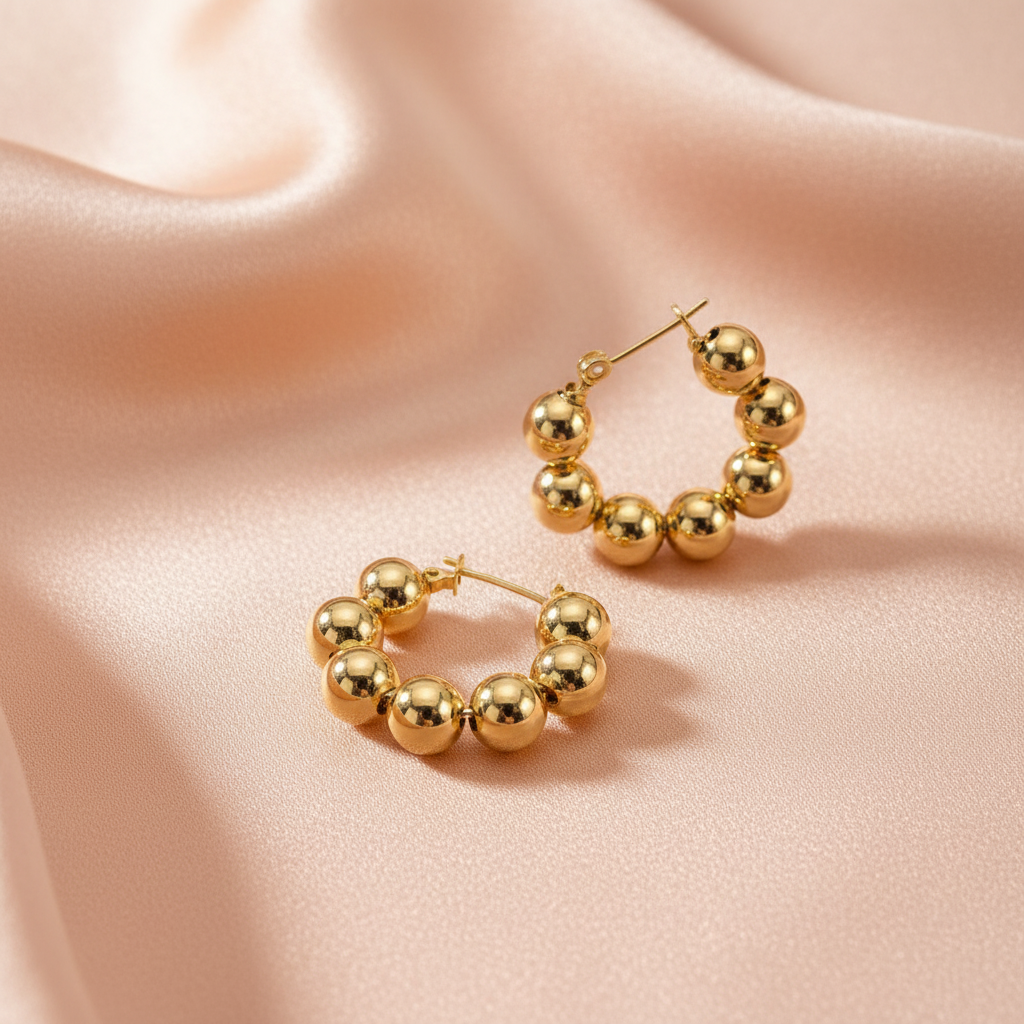 Gold Beaded Hoop Statement Earrings- Stainless Steel