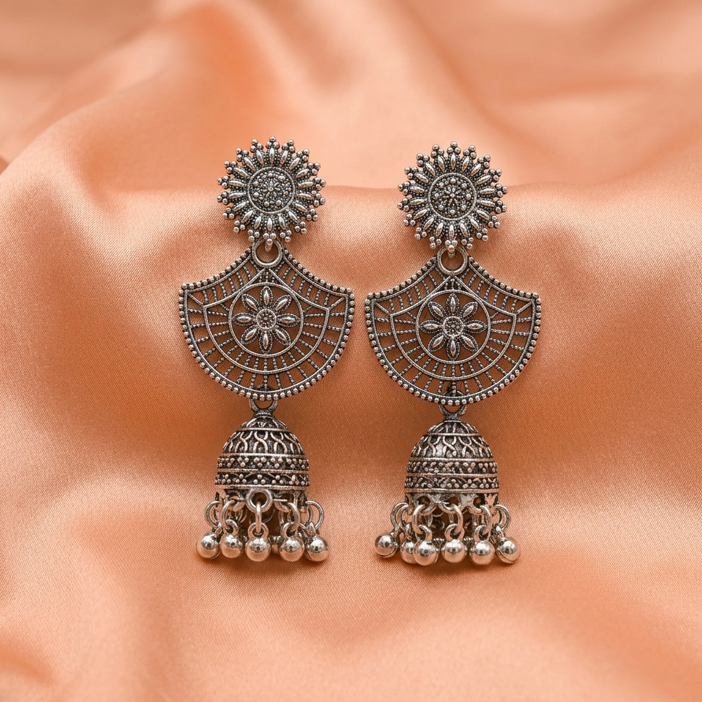 Oxidised Silver Jhumka Earrings with Floral Dome Detailing