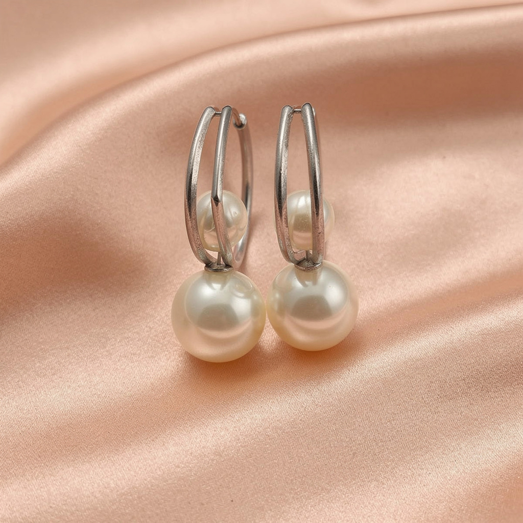 Silver-Tone Double Hoop Pearl Drop Earrings – Classic Modern Design
