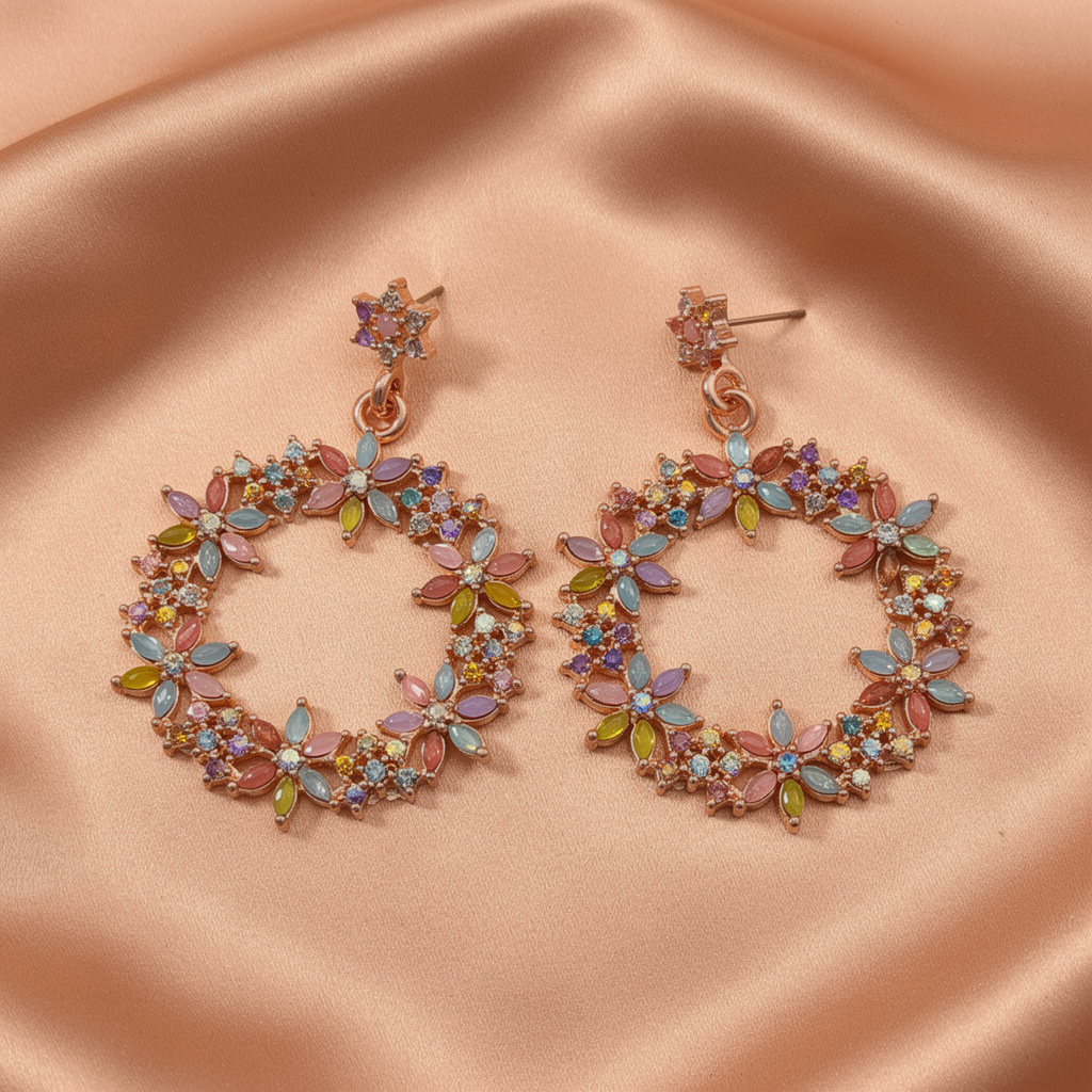 Rose Gold Floral Hoop Statement Earrings – Multicolor Crystal Design- Stainless Steel
