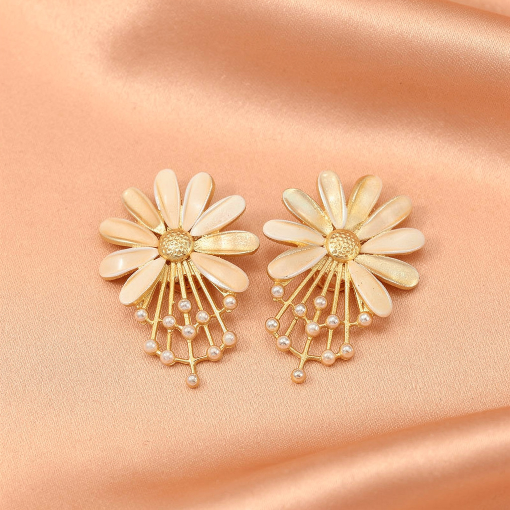 Gold Floral Statement Earrings with Pearl Drops – Elegant Daisy Design