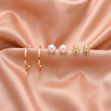 3 Pair Earrings Set – Gold Hoops, Pearl Studs & Minimal Leaf Studs