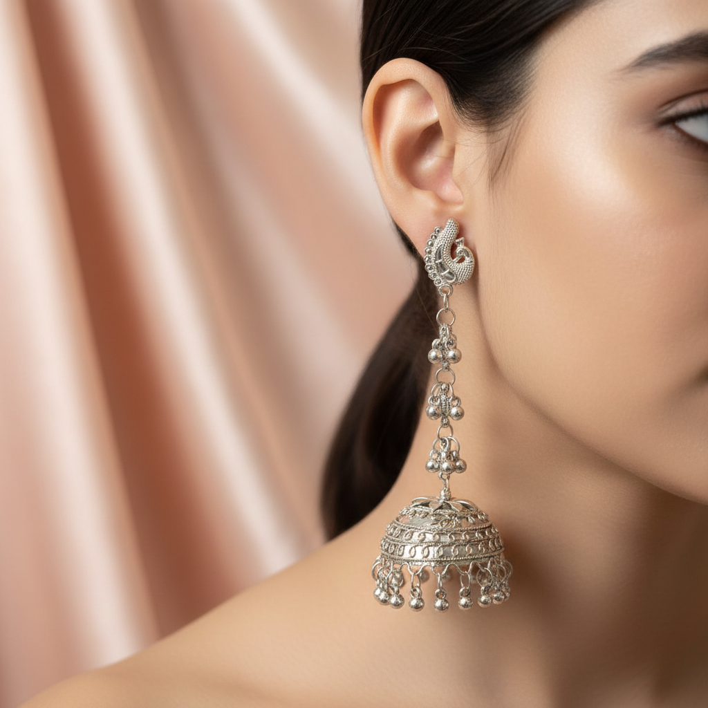 Traditional Silver Oxidized Jhumka Earrings – Ethnic Statement Jewelry- Stainless Steel
