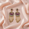 Gold-Tone Statement Chandbali Earrings with Pink Stones & Chain Tassels-Stainless steel