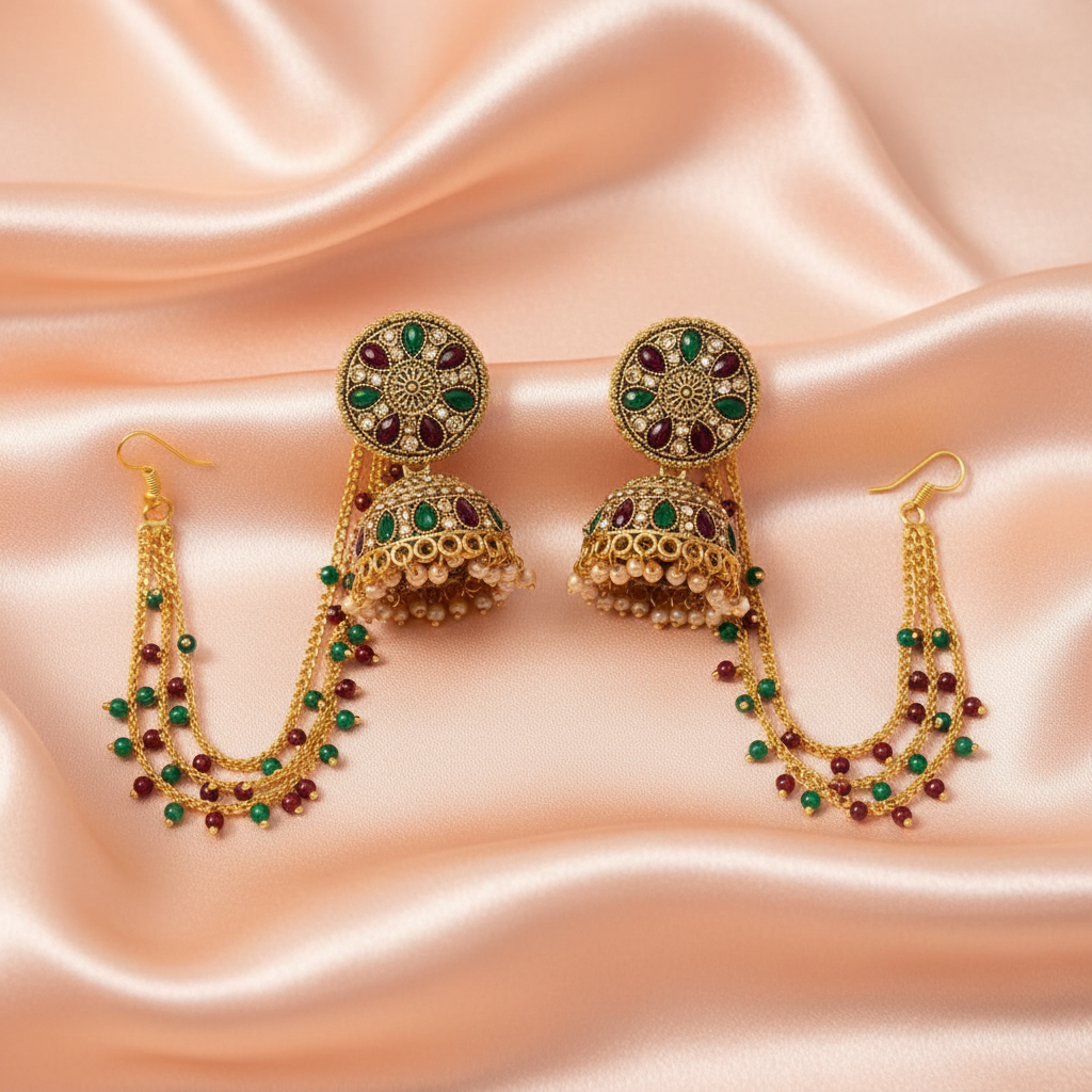 Royal Kundan Jhumka Earrings with Beaded Chains & Multi-Stone Detailing-Stainless steel