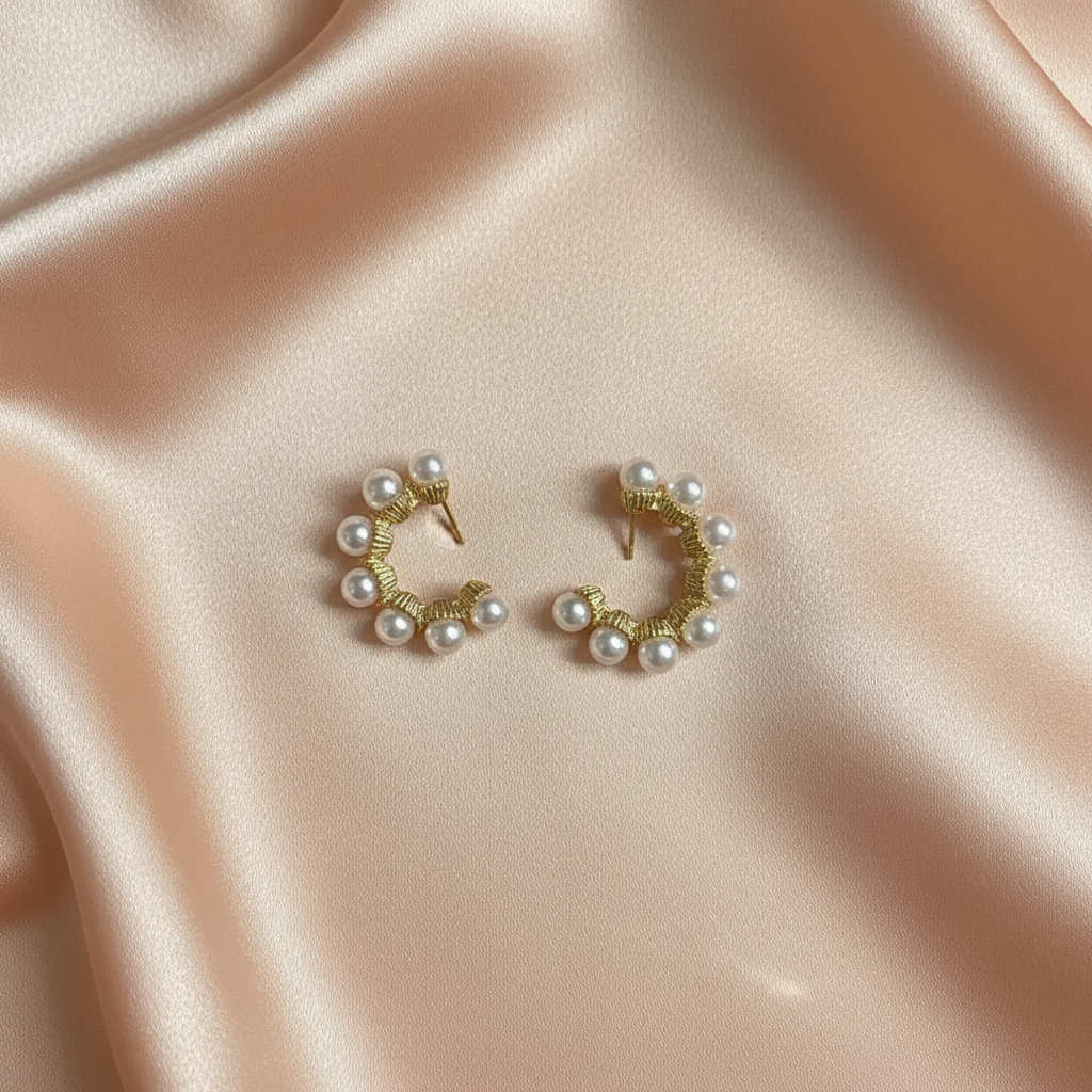 Korean Style Pearl Cluster Hoop Earrings – Elegant Gold Dainty Jewelry