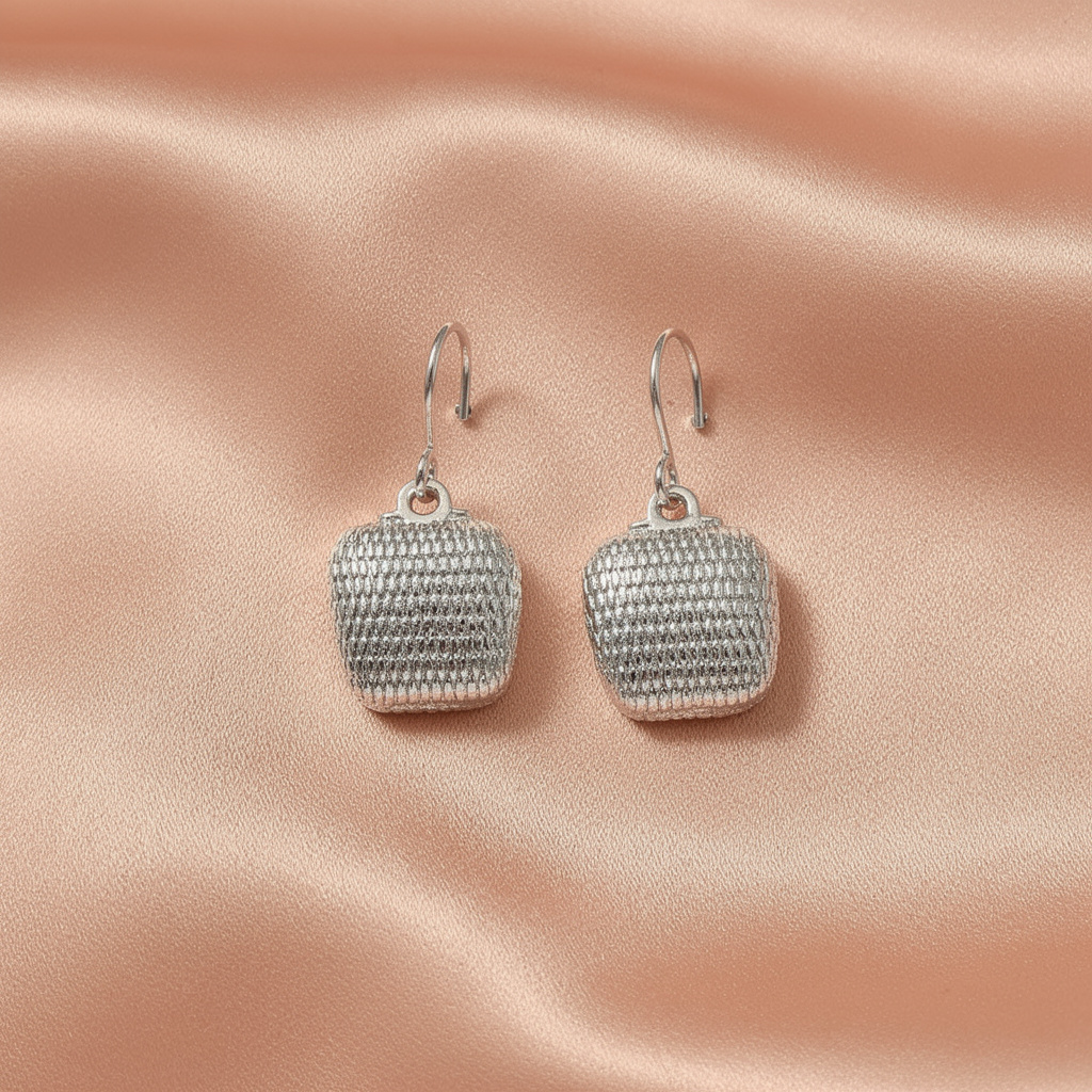 Textured Dome Drop Earrings – Silver Mesh Statement Design