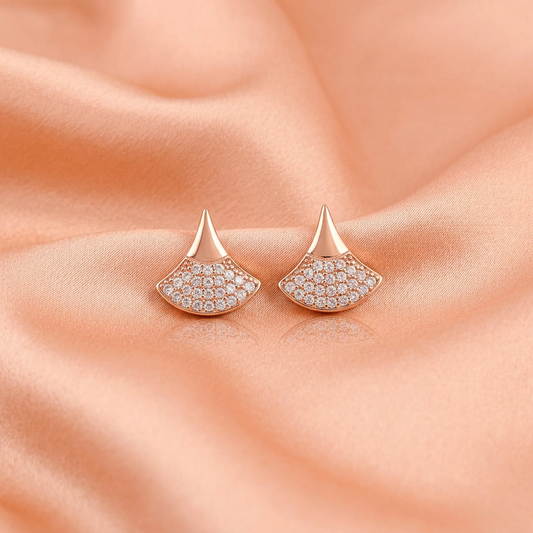 Elegant CZ Fan Shape Gold Stud Earrings for Women- American Diamond