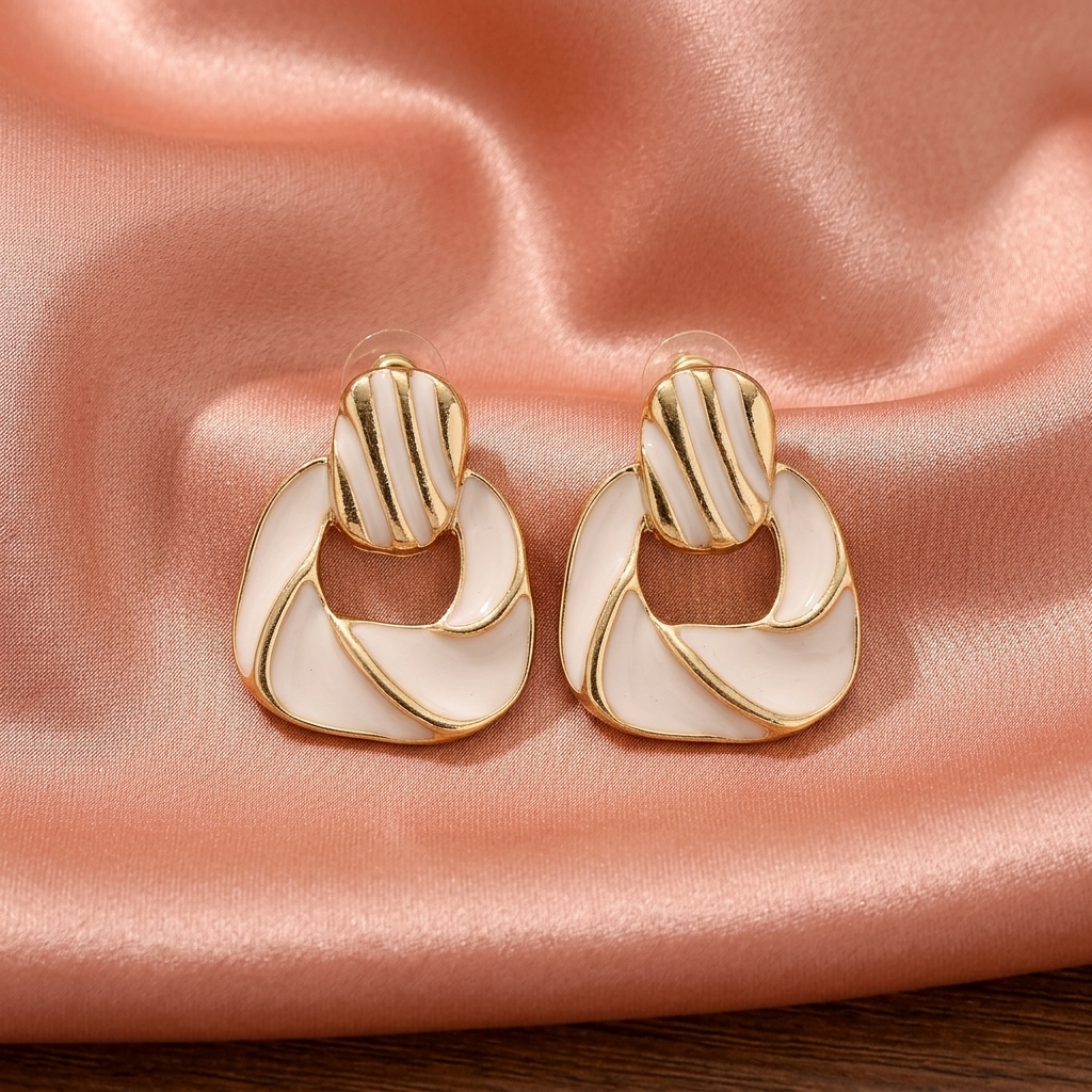 Abstract Gold-Tone White Enamel Statement Earrings