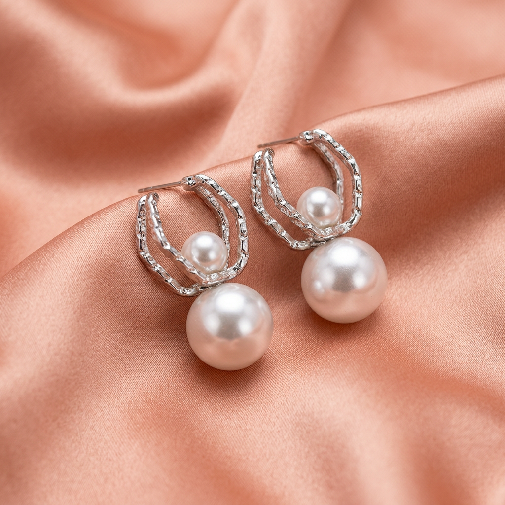 Silver Textured Hoop with Dual Pearl Drop Earrings – Statement Pearl Design