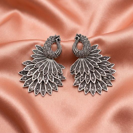 Oxidised Silver Peacock Statement Earrings – Antique Fan Design