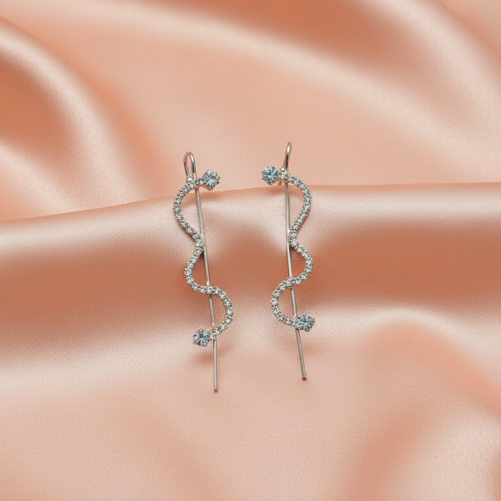 Silver Wave Crystal Drop Earrings – Elegant Statement Jewelry-Stainless steel