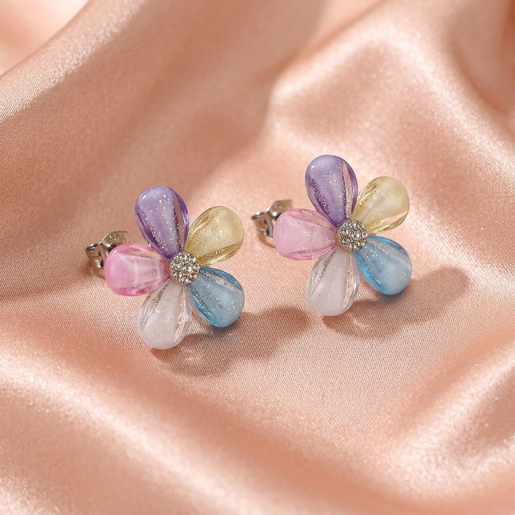 Pastel Gloss Floral Earrings with Crystal Center Detail