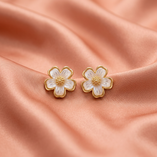 White Floral Enamel Earrings with Gold Outline