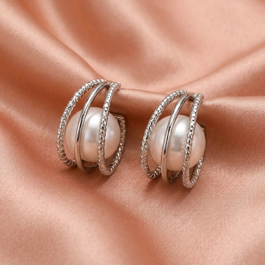Layered Silver Hoop Pearl Earrings – Crystal Accent Statement Design