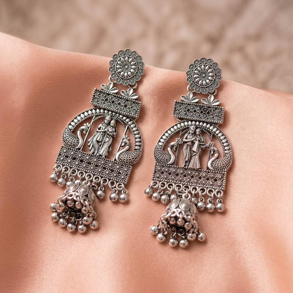 Oxidised Silver Peacock & Radha Krishna Jhumka Statement Earrings- Stainless Steel
