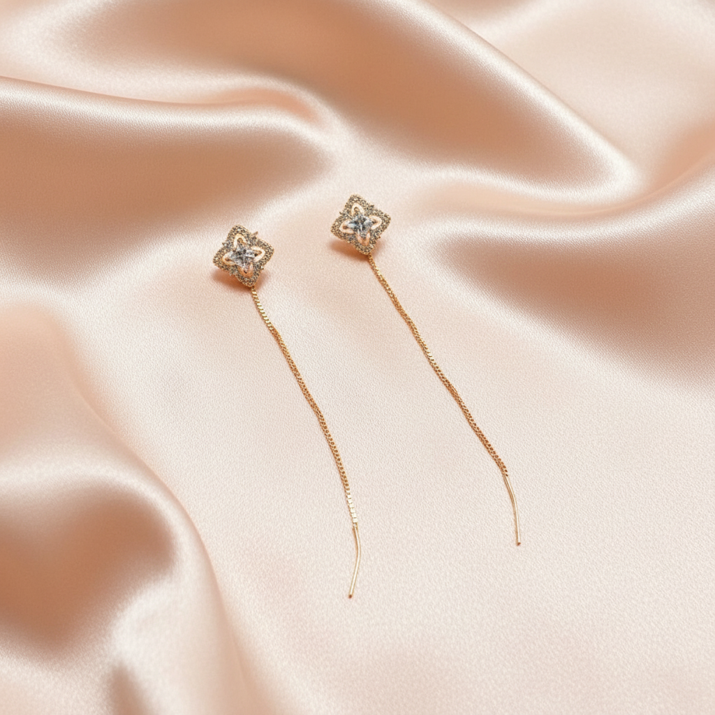 Crystal Chain Threader Earrings for Women – Elegant Long Drop Design- American Diamond