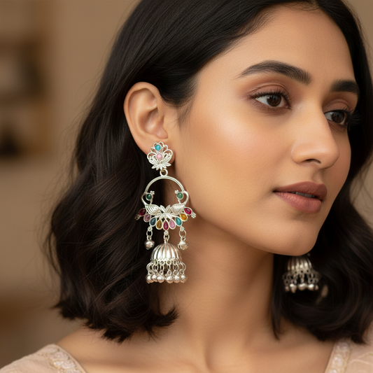 Silver-Tone Multicolor Peacock Jhumka Earrings-Stainless steel