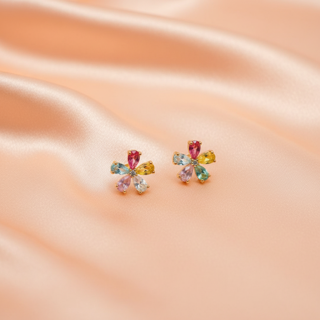 Multicolor Crystal Flower Stud Earrings for Women – Cute Floral Design- American Diamond