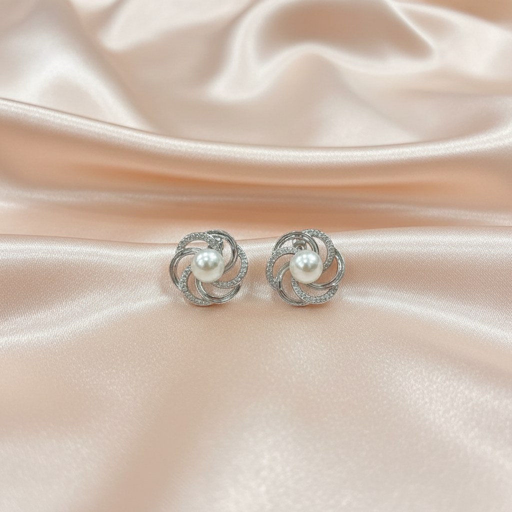 Elegant Pearl Swirl Stud Earrings – Silver Finish Statement Jewelry