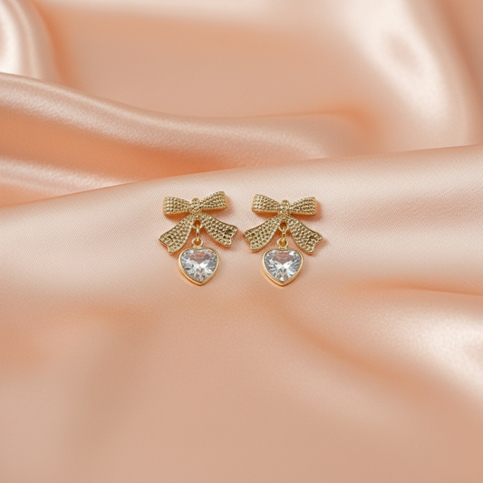 Elegant Bow Heart Drop Earrings for Women – Gold Finish