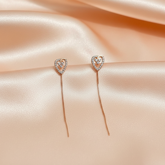 Heart Crystal Threader Earrings for Women – Elegant Long Chain Design- American Diamond