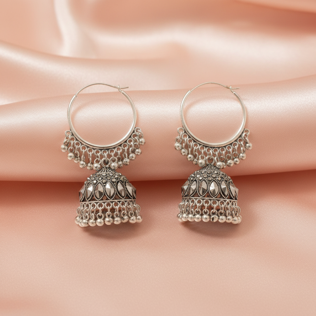 Oxidized Silver Hoop Jhumka Earrings with Ghungroo Details-Stainless steel