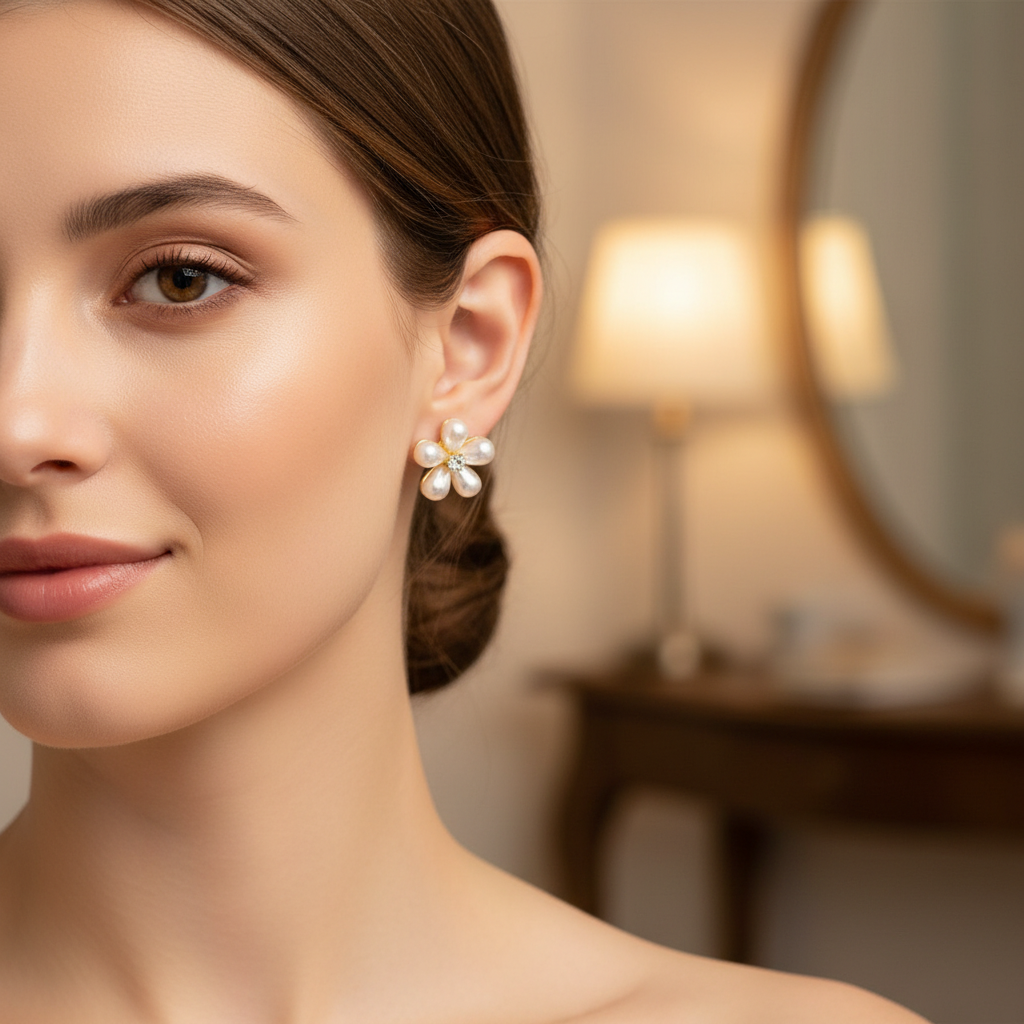 Pearl Daisy Stud Earrings – Elegant Floral Crystal Design
