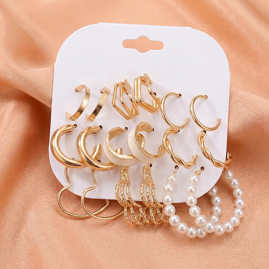 Gold Hoop & Pearl Combo Earrings Set (9 Pairs) – Trendy Fashion Jewelry