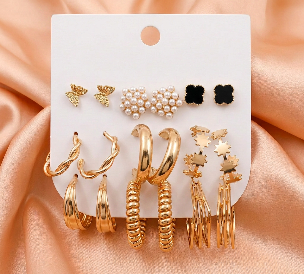 Gold Hoop & Stud Earrings Combo Set (9 Pairs) – Pearl, Butterfly & Statement Fashion Jewelry