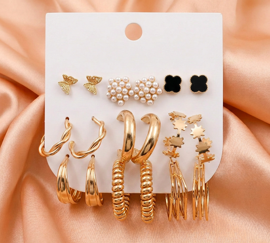 Gold Hoop & Stud Earrings Combo Set (9 Pairs) – Pearl, Butterfly & Statement Fashion Jewelry