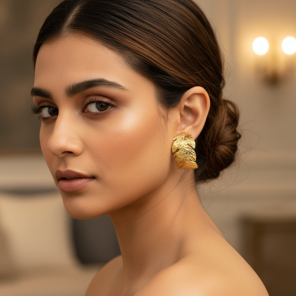Gold Leaf Textured Statement Earrings – Stainless Steel Nature-Inspired Design- Stainless steel