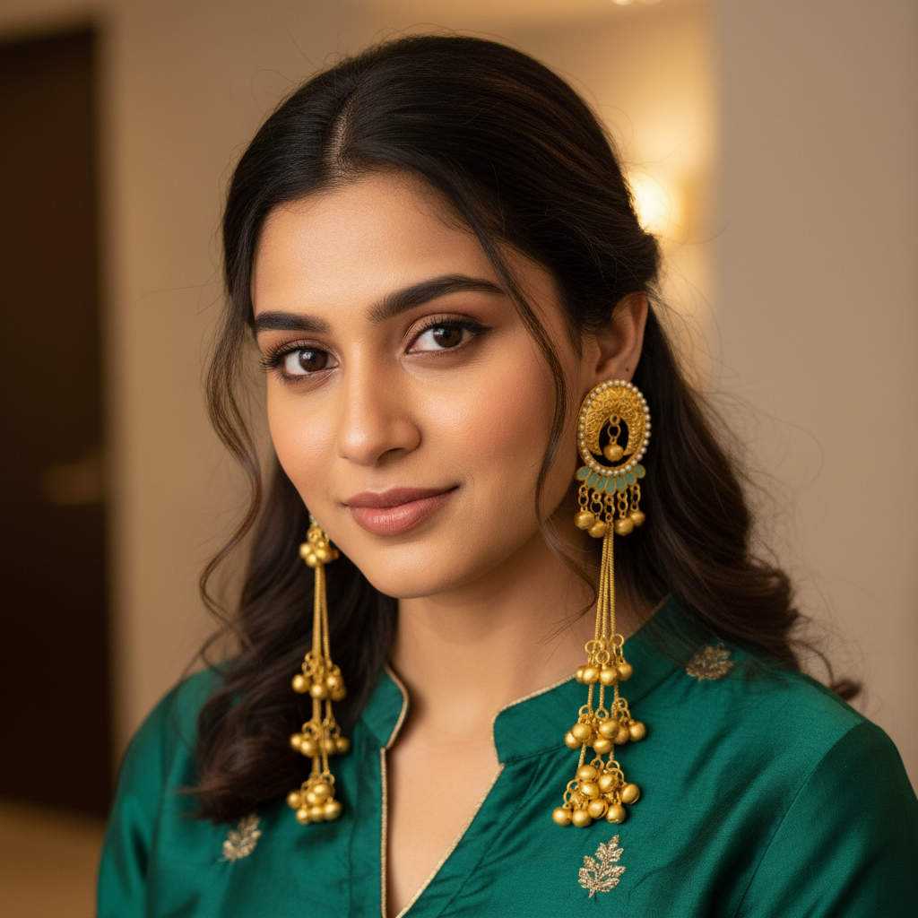 Gold-Tone Pearl & Mint Drop Kashmiri Earrings with Ghungroo Tassels-Stainless steel