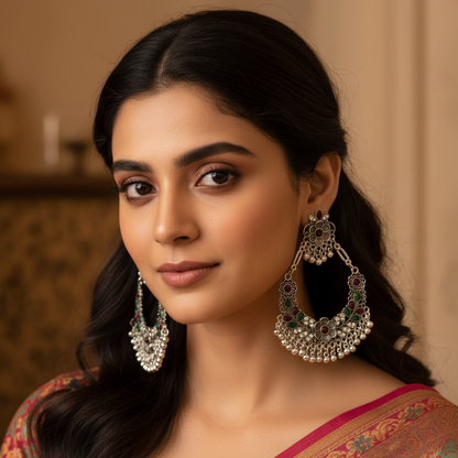 Vintage Oxidised Chandbali Earrings Stones- Stainless Steel
