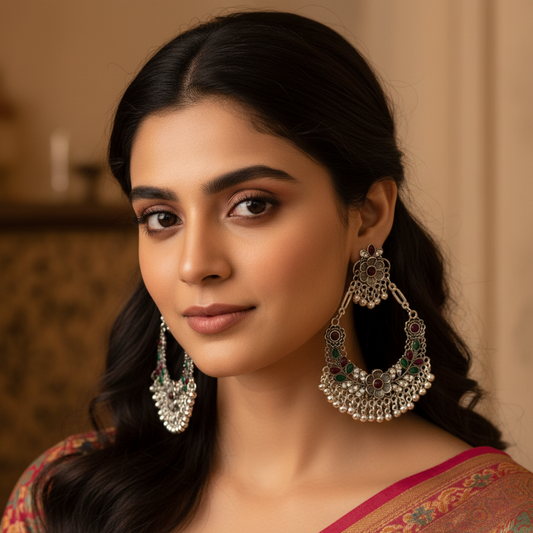 Vintage Oxidised Chandbali Earrings Stones- Stainless Steel