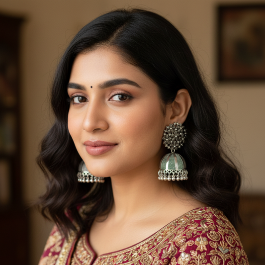 Oxidized Silver Floral Statement Jhumka Earrings with Stone Work-Stainless steel